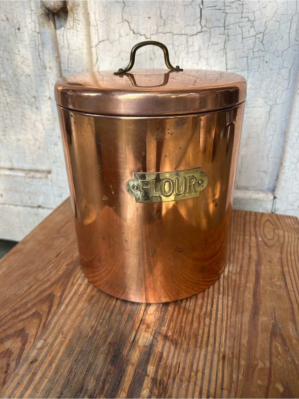 Vintage Copper Flour Canister with Brass Label and Handle